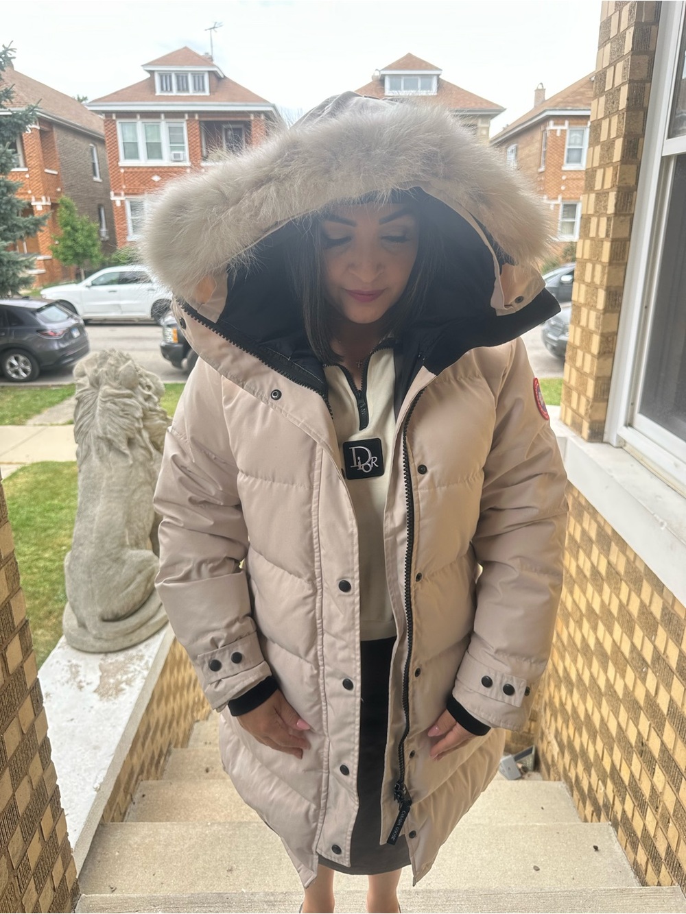 Canada Goose Light Beige Women's Down Puffer Coat with Fur-Trim Hood - Picture 7 of 11